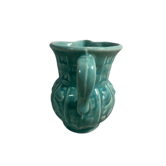 Old Aqua Green Pottery Pitcher w Handle 4.5” Oak Leaf Checked Vintage Excellent - Picture 5 of 12